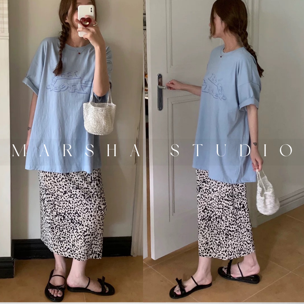 ❮韓國❯6AK05細摺絨感豹紋鬆緊腰中長裙 (10)