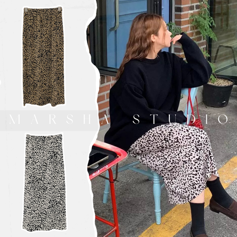 ❮韓國❯6AK05細摺絨感豹紋鬆緊腰中長裙 (2)