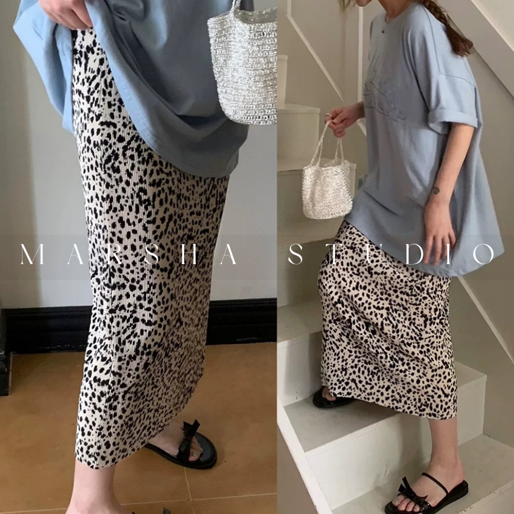 ❮韓國❯6AK05細摺絨感豹紋鬆緊腰中長裙 (11)
