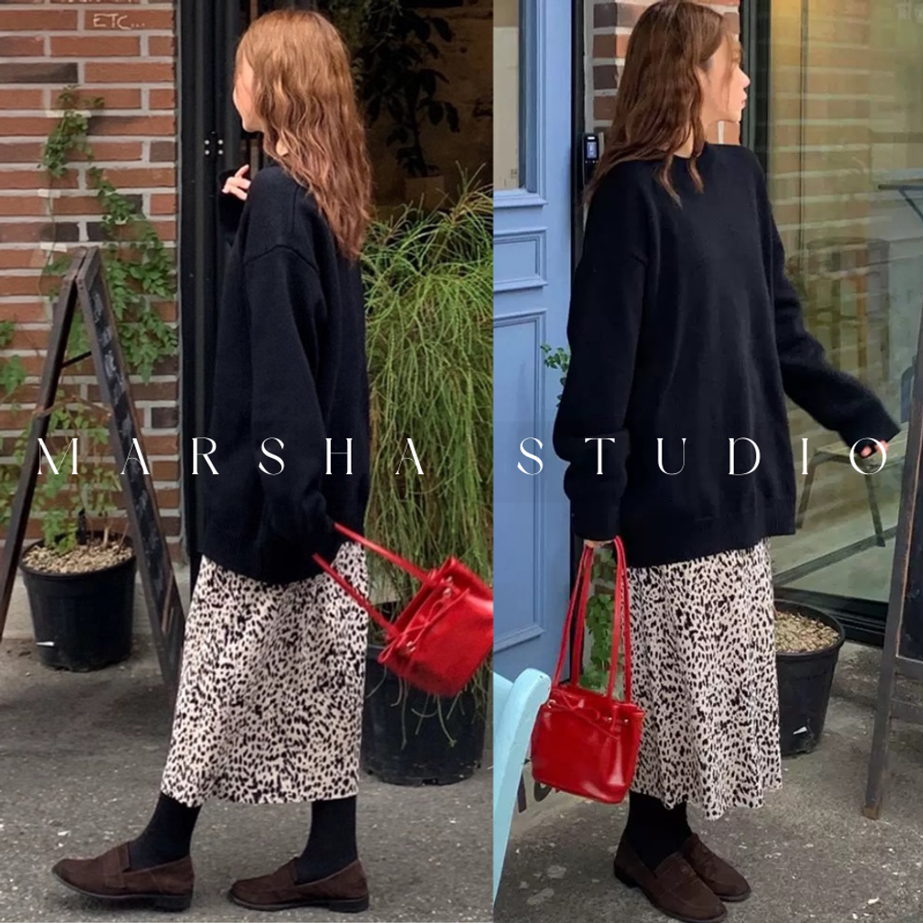 ❮韓國❯6AK05細摺絨感豹紋鬆緊腰中長裙 (3)