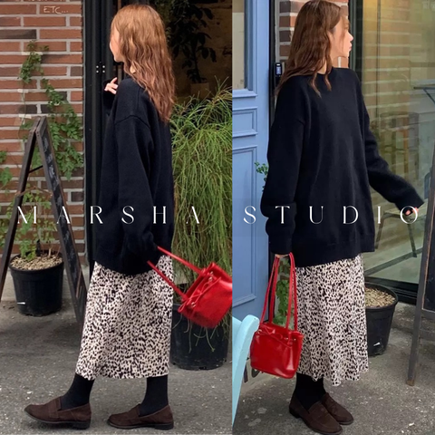 ❮韓國❯6AK05細摺絨感豹紋鬆緊腰中長裙 (3)