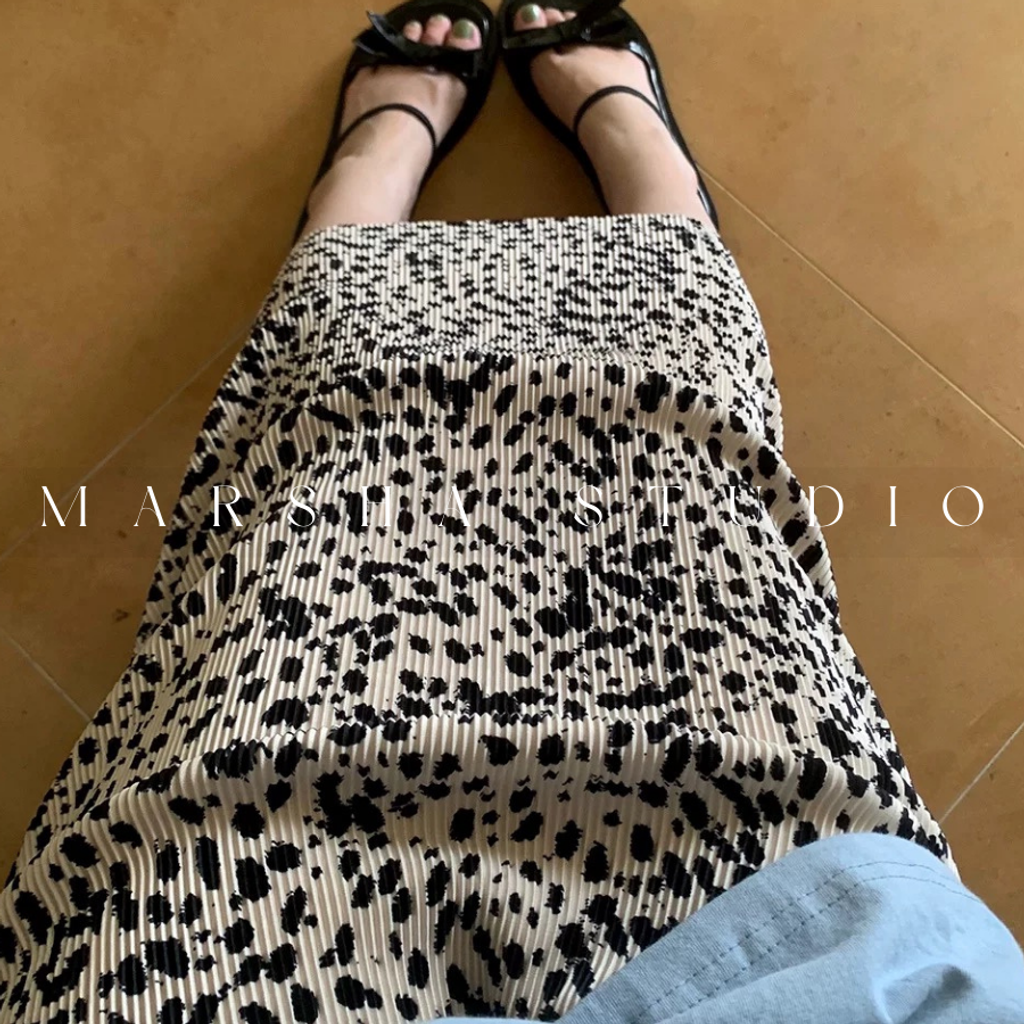 ❮韓國❯6AK05細摺絨感豹紋鬆緊腰中長裙 (9)