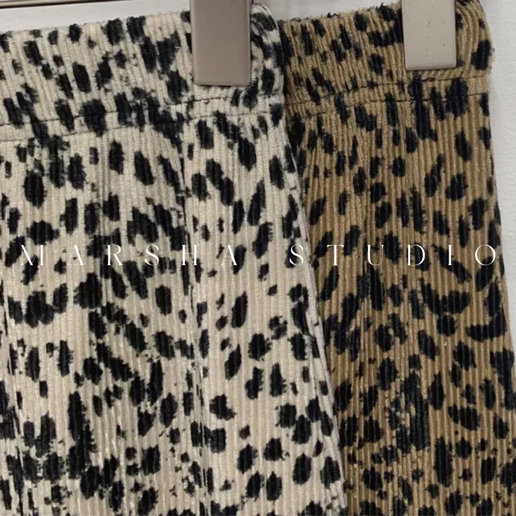 ❮韓國❯6AK05細摺絨感豹紋鬆緊腰中長裙 (8)