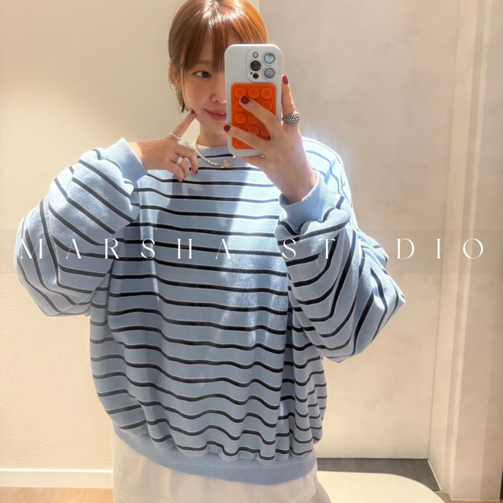 ❮韓國❯6AK04經典細條紋圓領衛衣大學T (13)