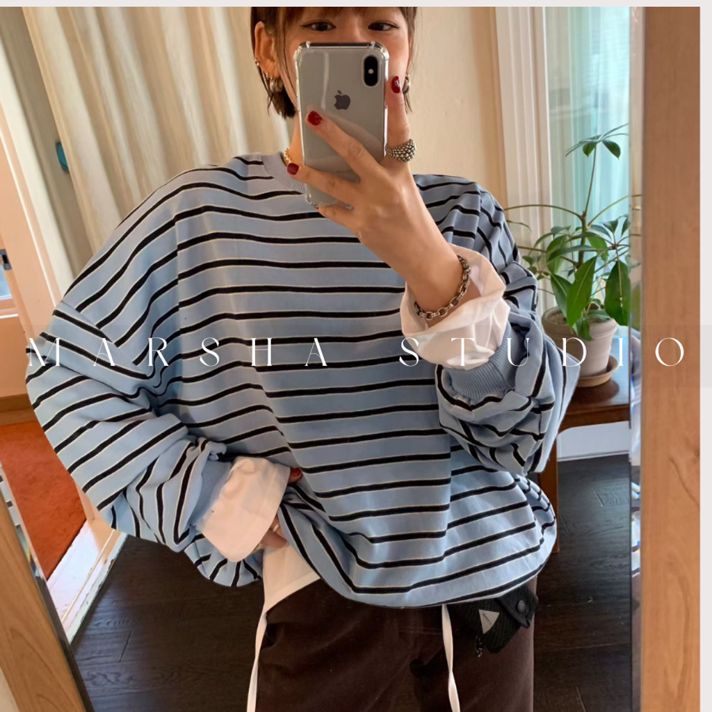 ❮韓國❯6AK04經典細條紋圓領衛衣大學T (15)