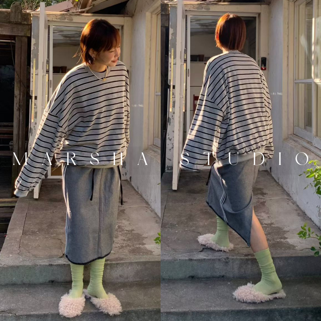 ❮韓國❯6AK04經典細條紋圓領衛衣大學T (8)