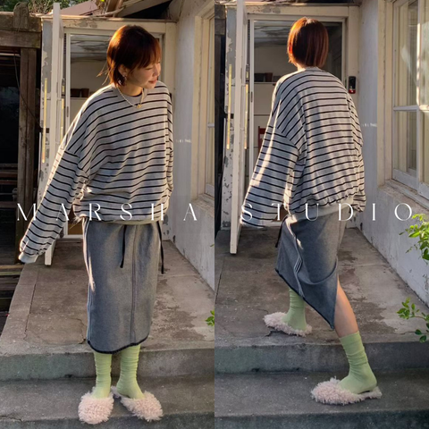 ❮韓國❯6AK04經典細條紋圓領衛衣大學T (8)