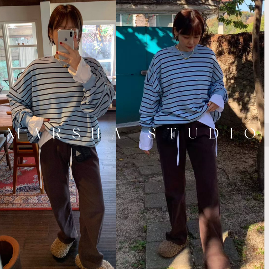 ❮韓國❯6AK04經典細條紋圓領衛衣大學T (5)