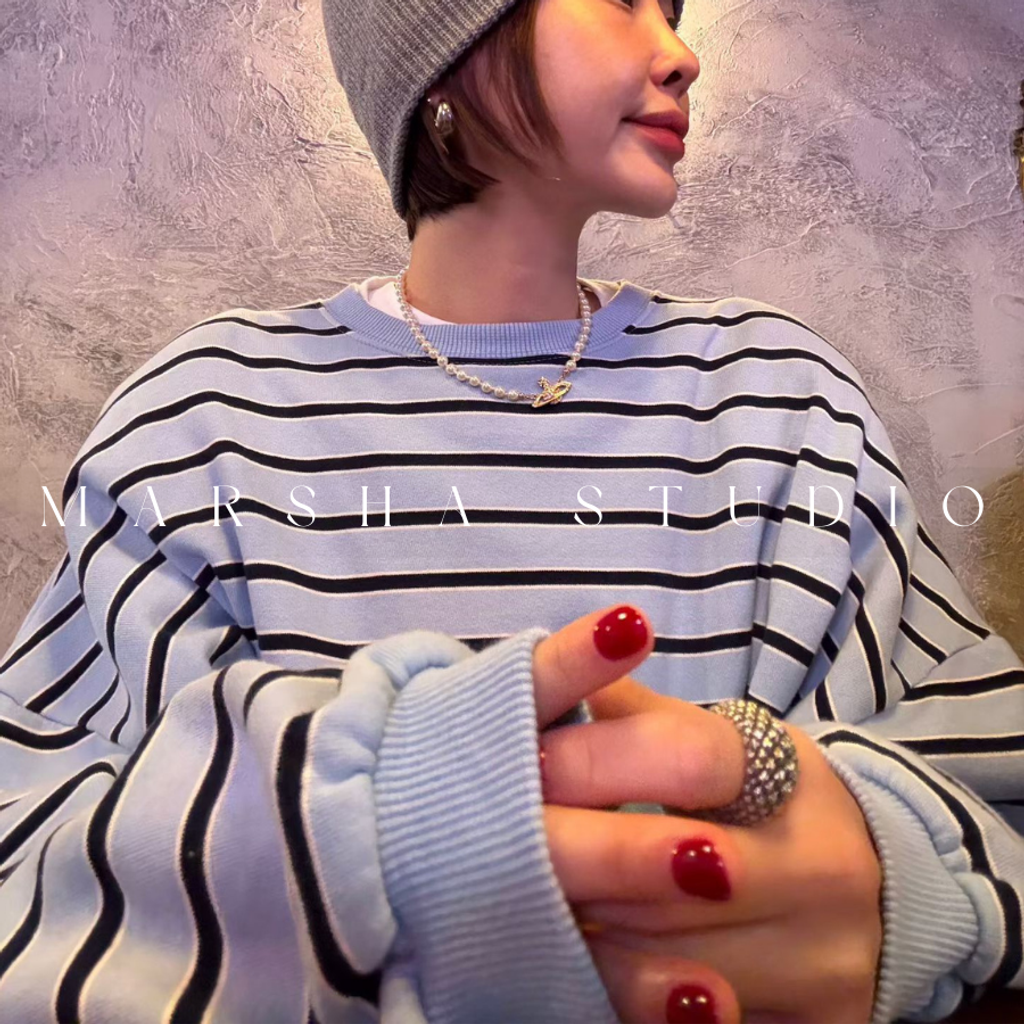 ❮韓國❯6AK04經典細條紋圓領衛衣大學T (7)