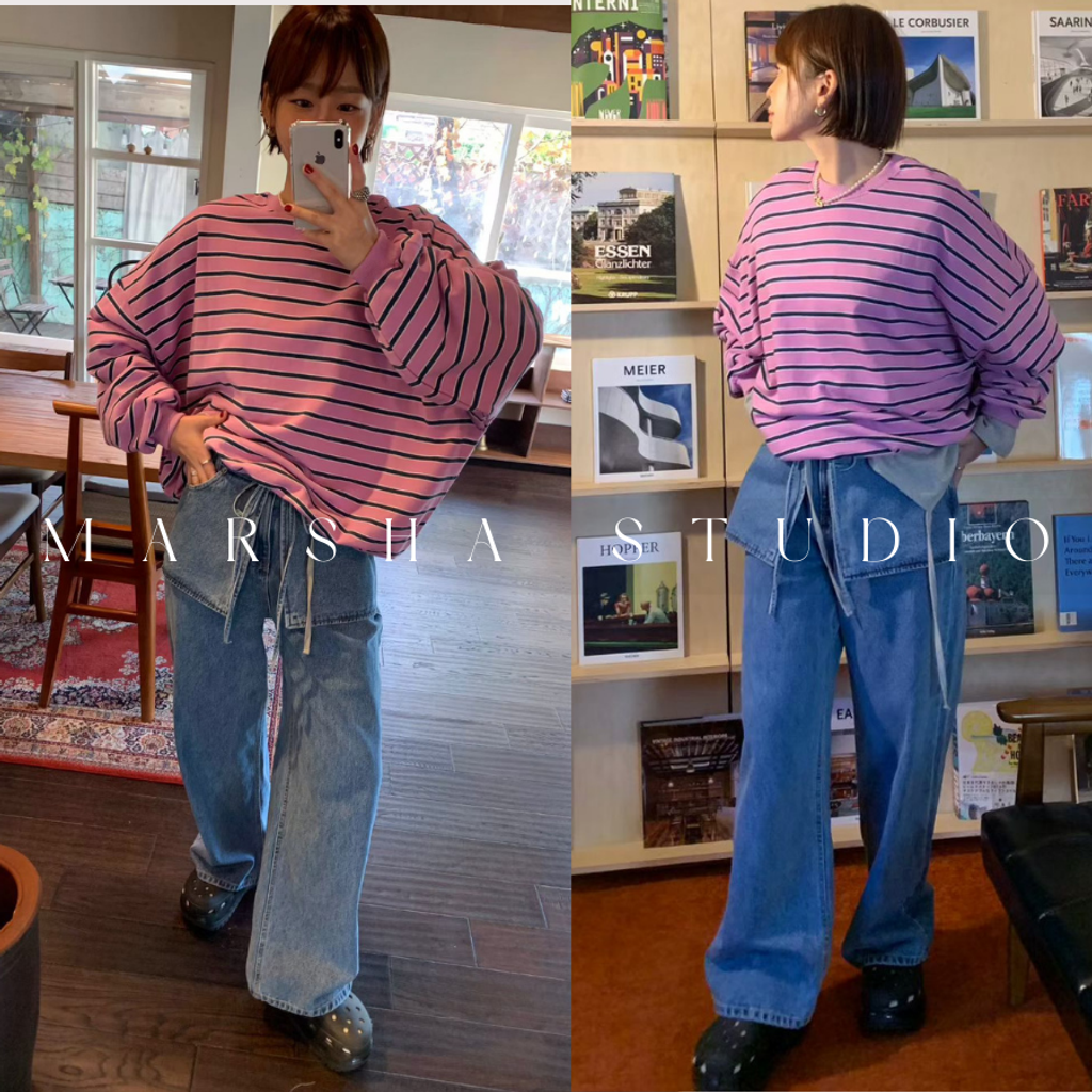 ❮韓國❯6AK04經典細條紋圓領衛衣大學T (10)