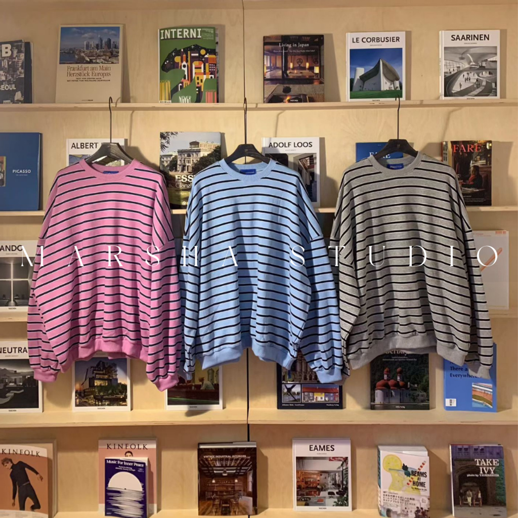 ❮韓國❯6AK04經典細條紋圓領衛衣大學T (4)