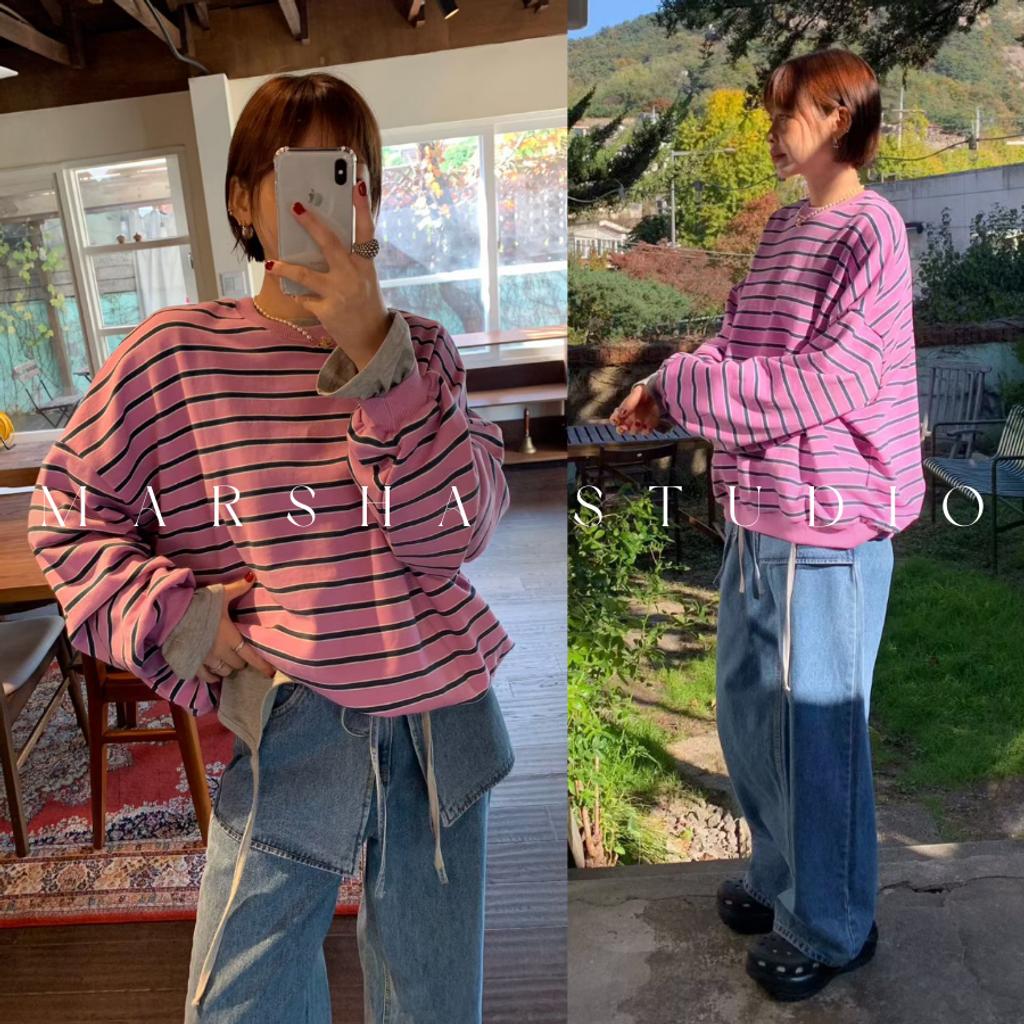 ❮韓國❯6AK04經典細條紋圓領衛衣大學T (9)