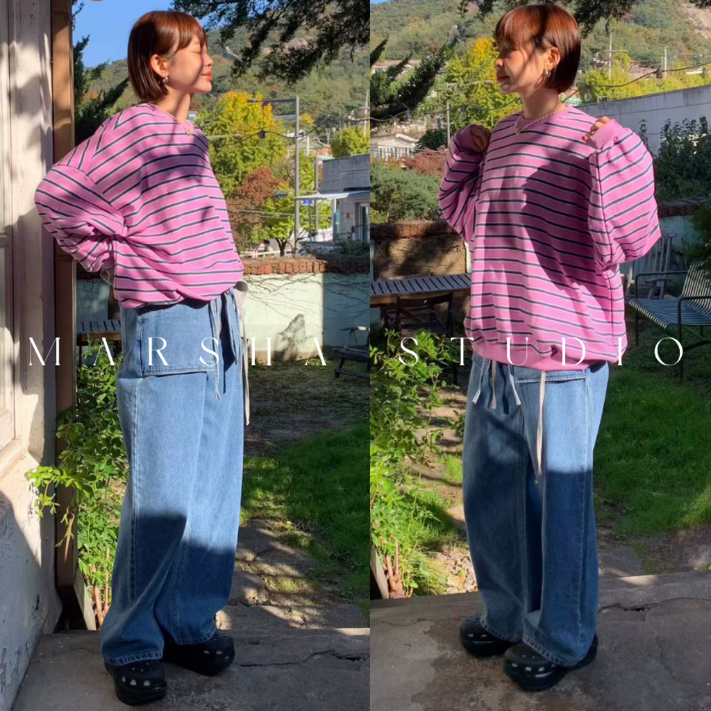 ❮韓國❯6AK04經典細條紋圓領衛衣大學T (11)