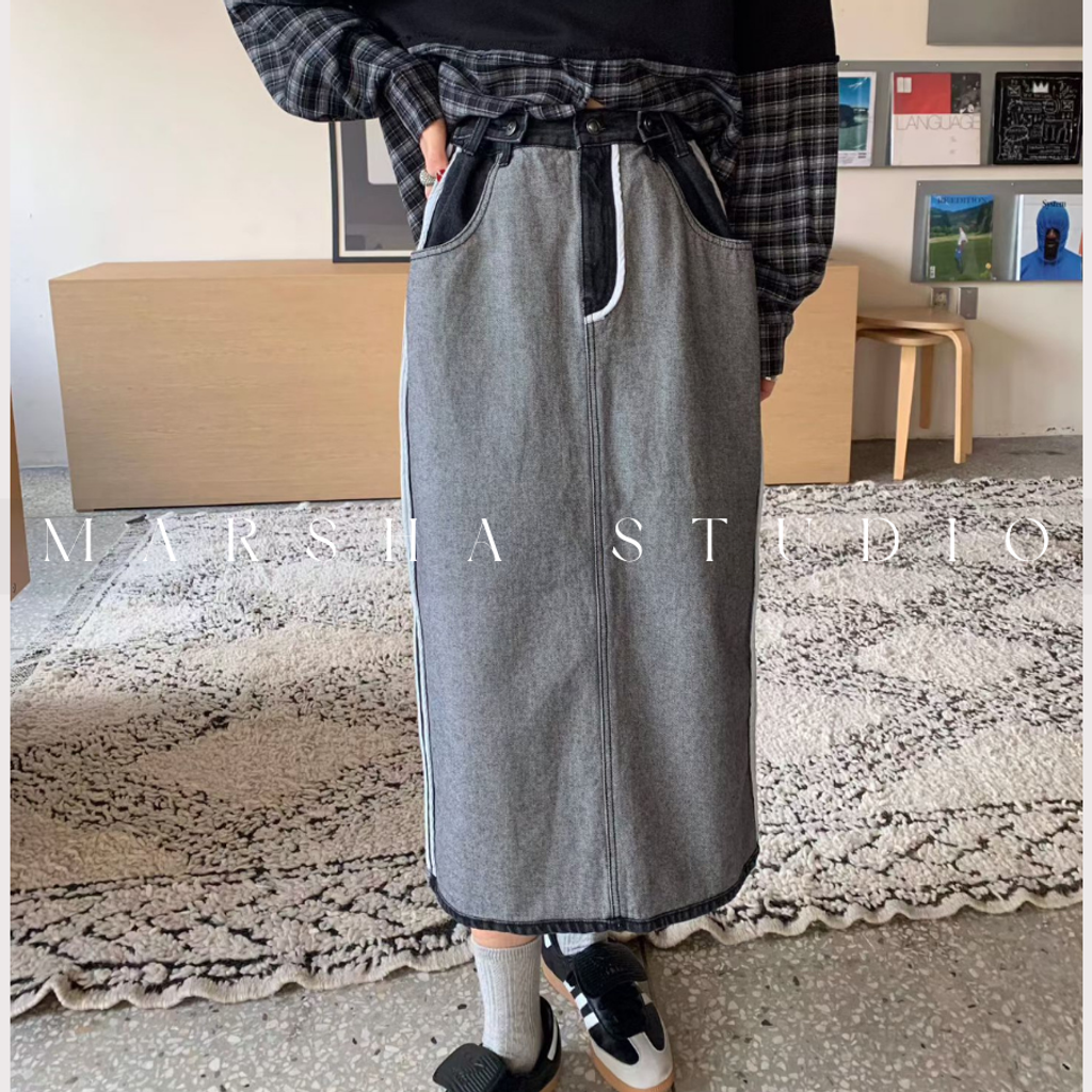 ❮韓國❯6AK03側面線條調節釦牛仔拼接直筒裙｜中長裙 (4)