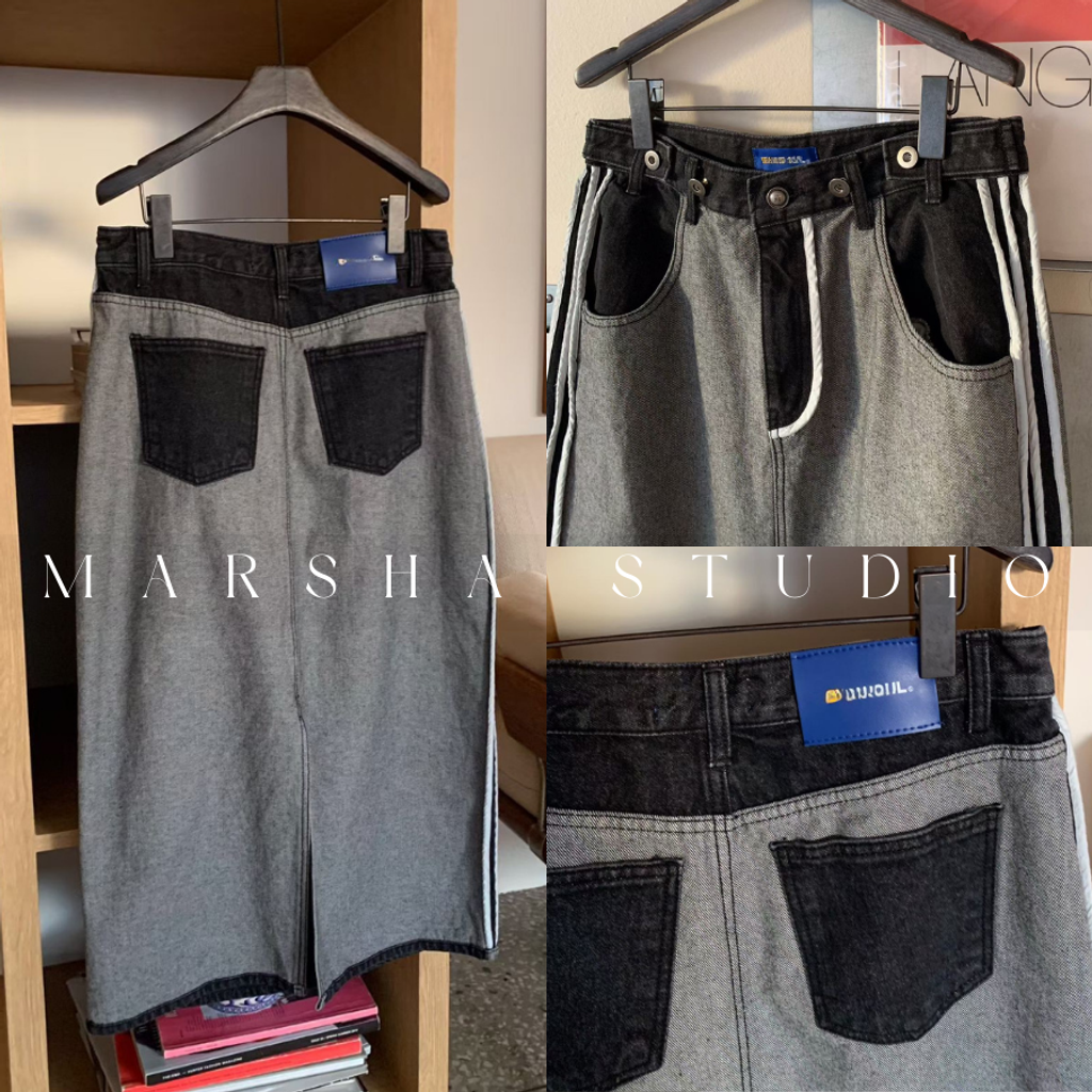 ❮韓國❯6AK03側面線條調節釦牛仔拼接直筒裙｜中長裙 (5)