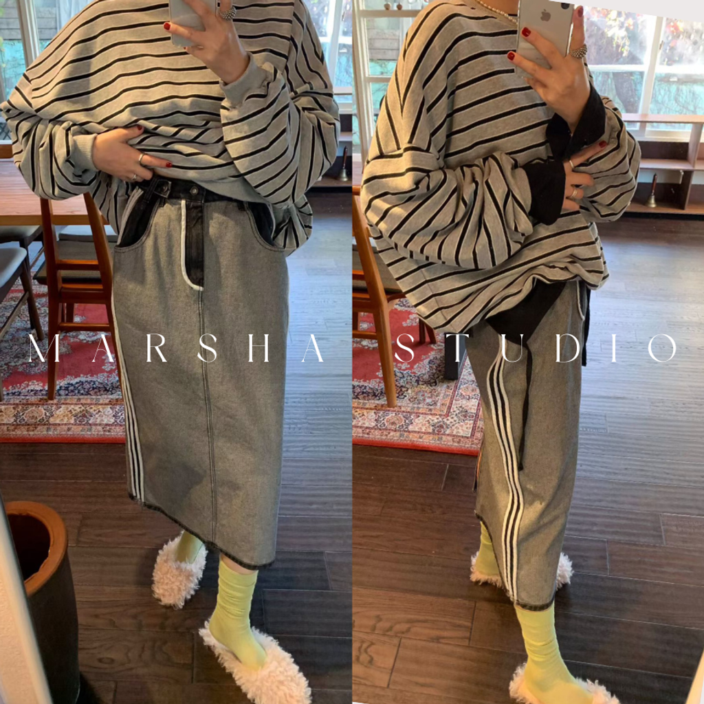 ❮韓國❯6AK03側面線條調節釦牛仔拼接直筒裙｜中長裙 (3)