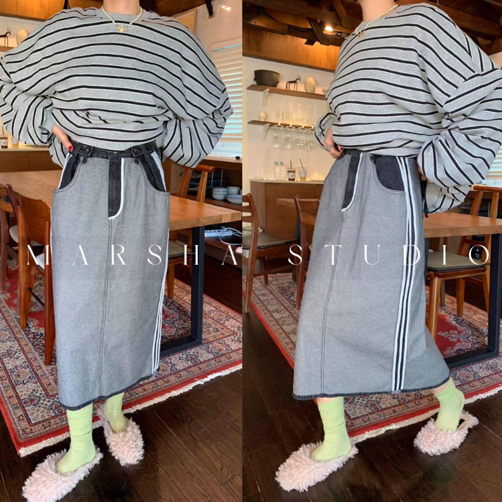 ❮韓國❯6AK03側面線條調節釦牛仔拼接直筒裙｜中長裙 (2)