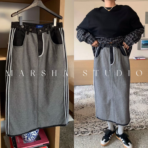 ❮韓國❯6AK03側面線條調節釦牛仔拼接直筒裙｜中長裙