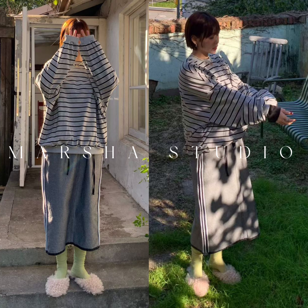 ❮韓國❯6AK03側面線條調節釦牛仔拼接直筒裙｜中長裙 (9)