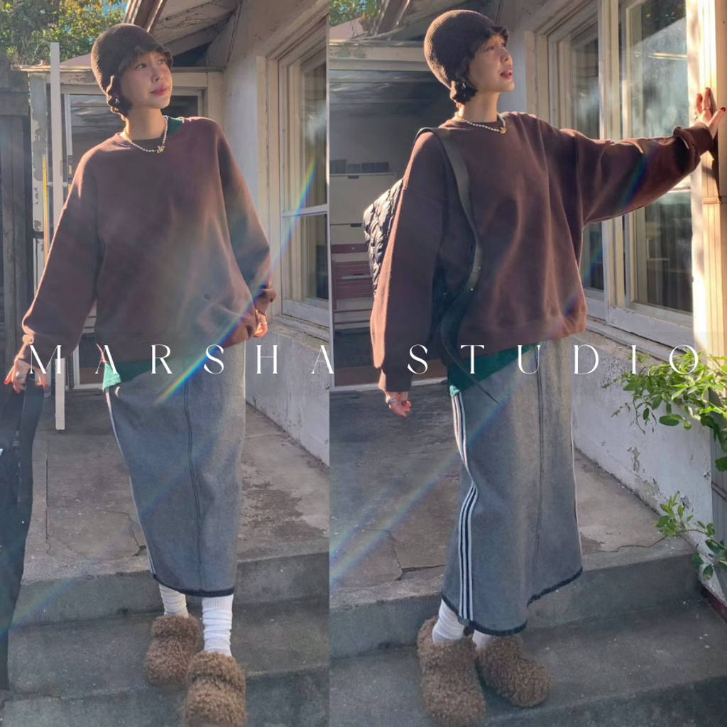 ❮韓國❯6AK02內磨毛假兩件撞色條紋拼圓領衛衣大學T｜慵懶時髦日常必備 (4)