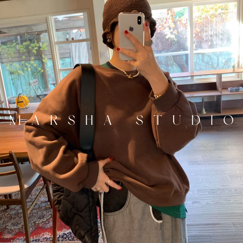 ❮韓國❯6AK02內磨毛假兩件撞色條紋拼圓領衛衣大學T｜慵懶時髦日常必備 (3)