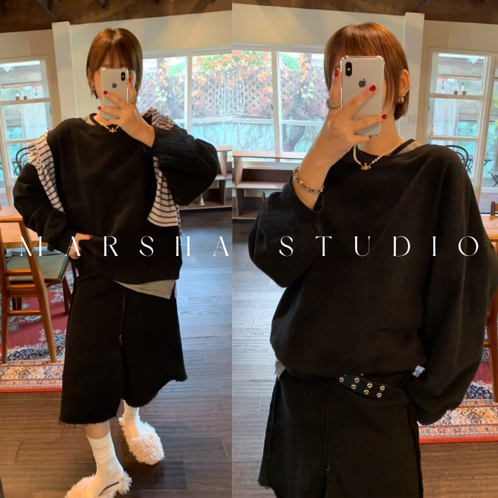 ❮韓國❯6AK02內磨毛假兩件撞色條紋拼圓領衛衣大學T｜慵懶時髦日常必備 (12)