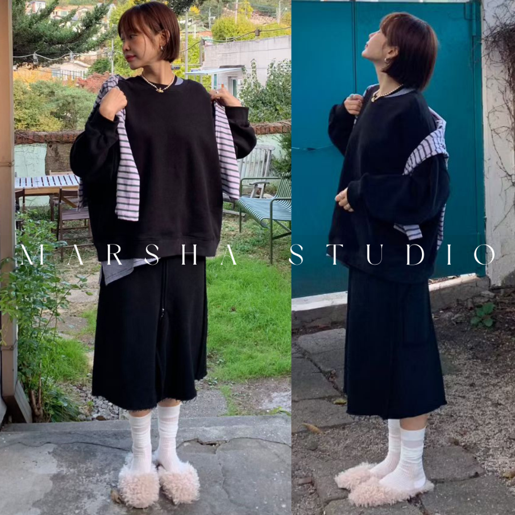 ❮韓國❯6AK02內磨毛假兩件撞色條紋拼圓領衛衣大學T｜慵懶時髦日常必備 (14)