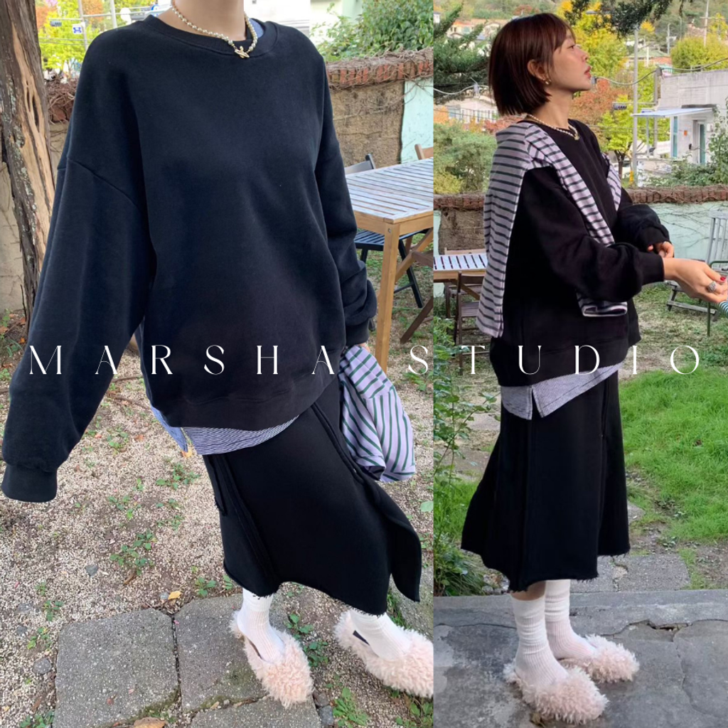 ❮韓國❯6AK02內磨毛假兩件撞色條紋拼圓領衛衣大學T｜慵懶時髦日常必備 (13)