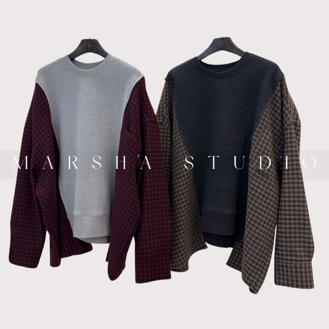 ❮韓國❯6AK01羊毛格紋拼接大學T衛衣長袖上衣｜寬鬆層次感