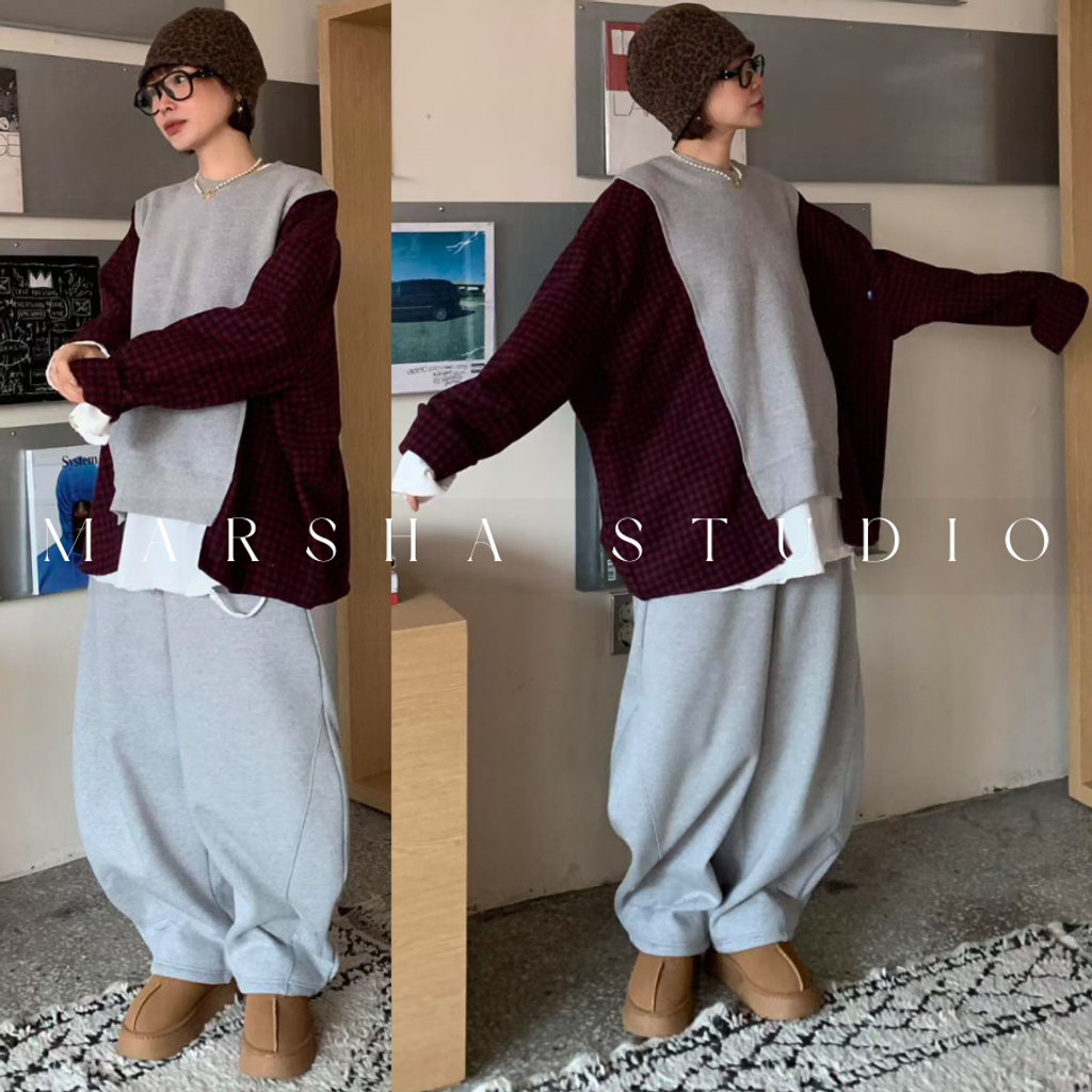 ❮韓國❯6AK01羊毛格紋拼接大學T衛衣長袖上衣｜寬鬆層次感 (5)