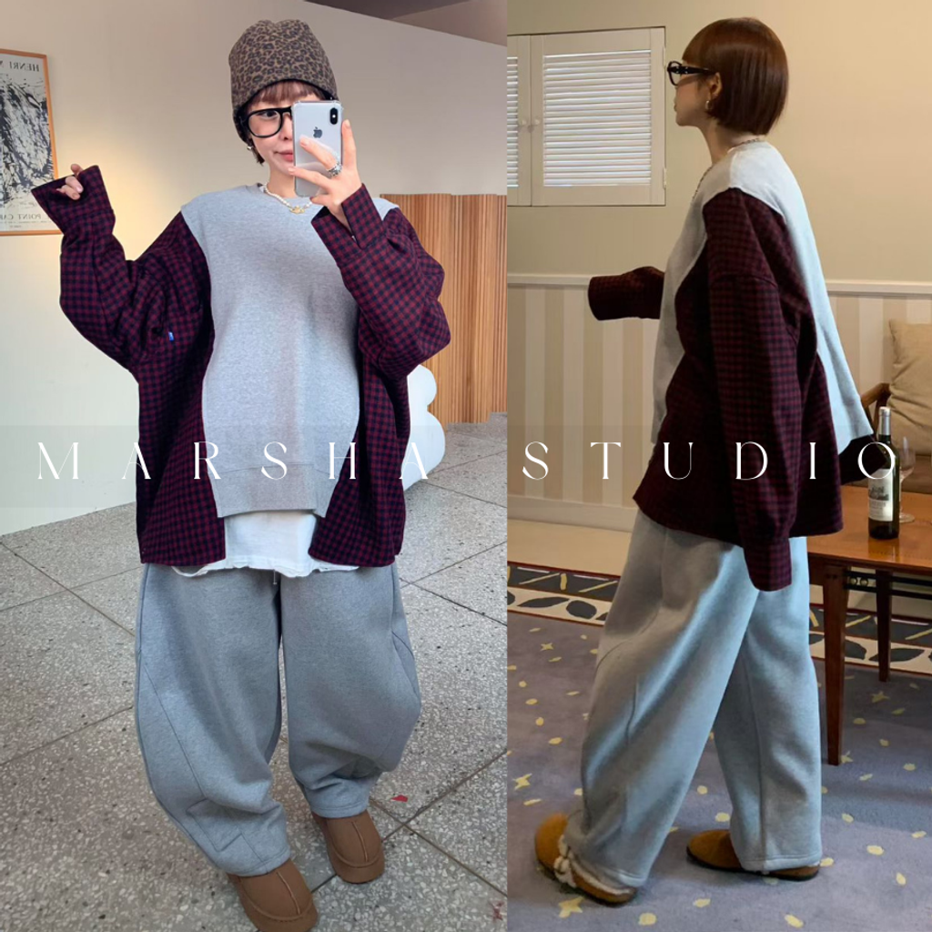 ❮韓國❯6AK01羊毛格紋拼接大學T衛衣長袖上衣｜寬鬆層次感 (2)