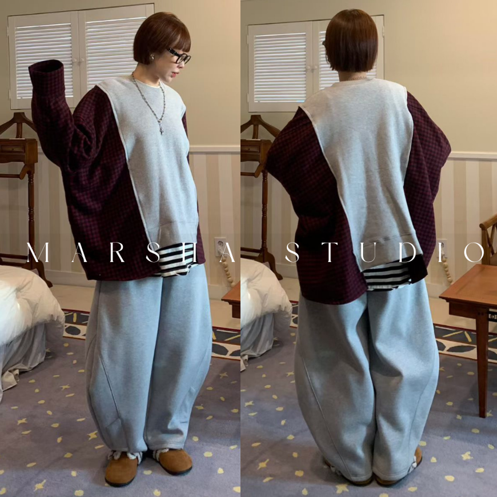 ❮韓國❯6AK01羊毛格紋拼接大學T衛衣長袖上衣｜寬鬆層次感 (4)