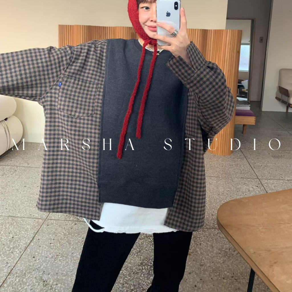 ❮韓國❯6AK01羊毛格紋拼接大學T衛衣長袖上衣｜寬鬆層次感 (6)