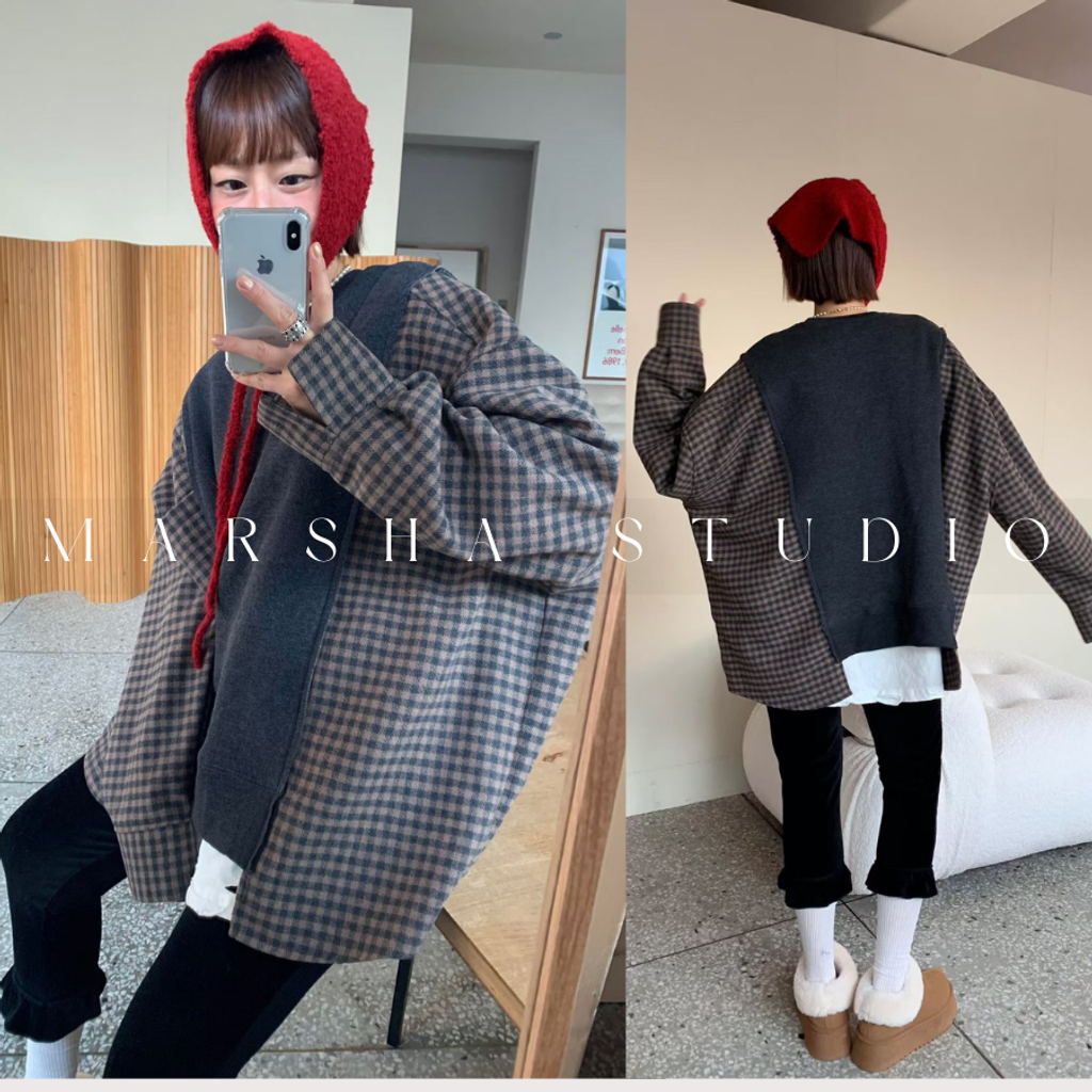 ❮韓國❯6AK01羊毛格紋拼接大學T衛衣長袖上衣｜寬鬆層次感 (9)