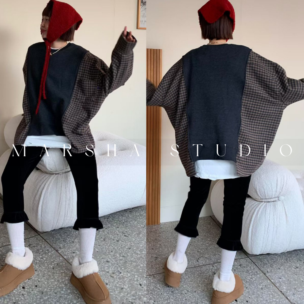 ❮韓國❯6AK01羊毛格紋拼接大學T衛衣長袖上衣｜寬鬆層次感 (10)