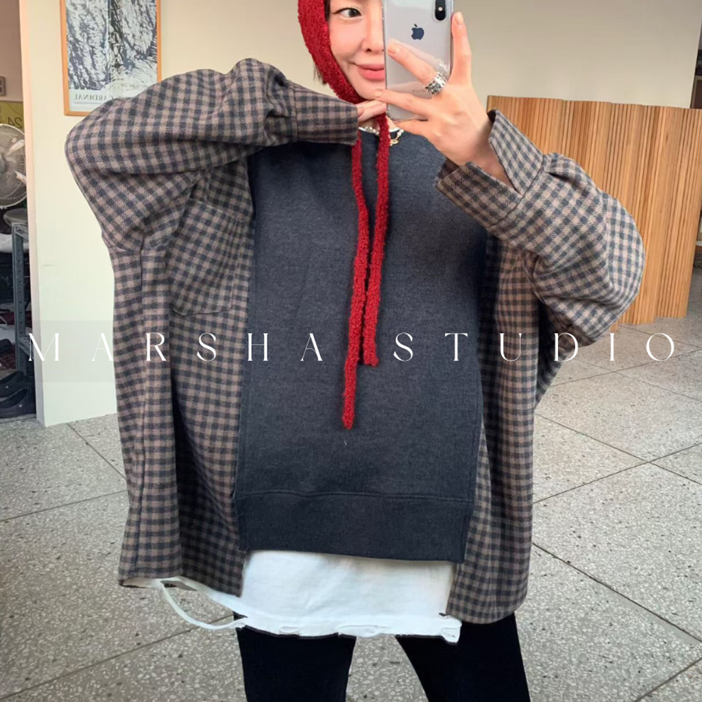 ❮韓國❯6AK01羊毛格紋拼接大學T衛衣長袖上衣｜寬鬆層次感 (7)