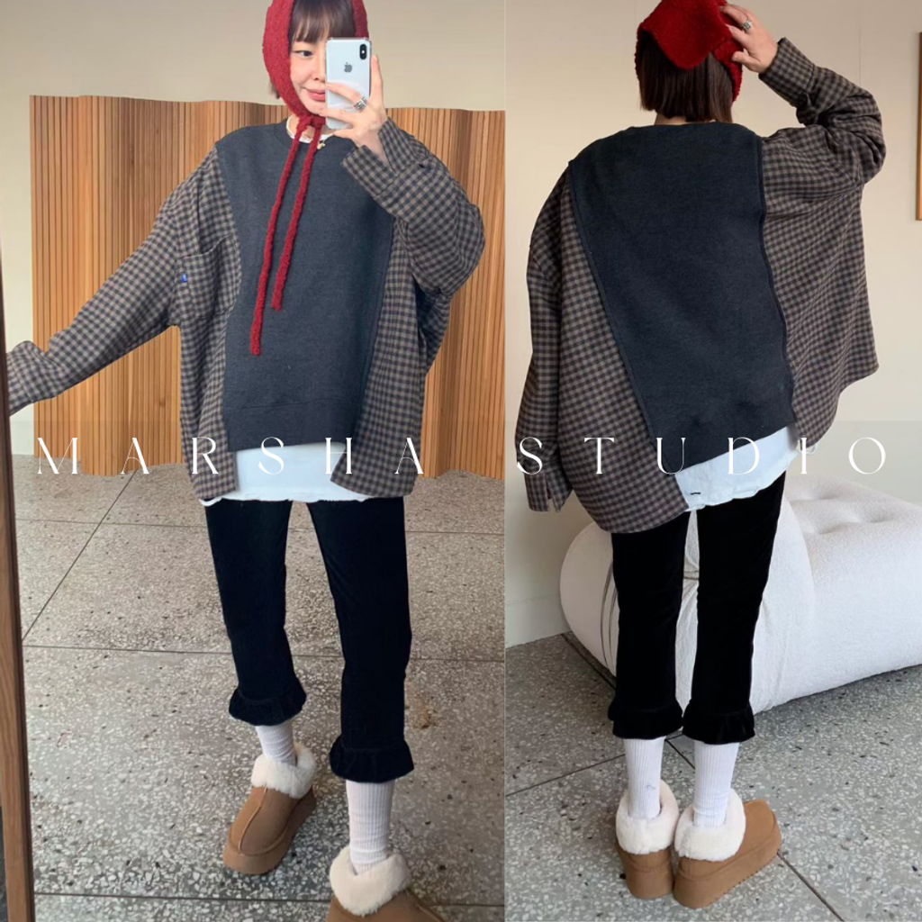 ❮韓國❯6AK01羊毛格紋拼接大學T衛衣長袖上衣｜寬鬆層次感 (8)
