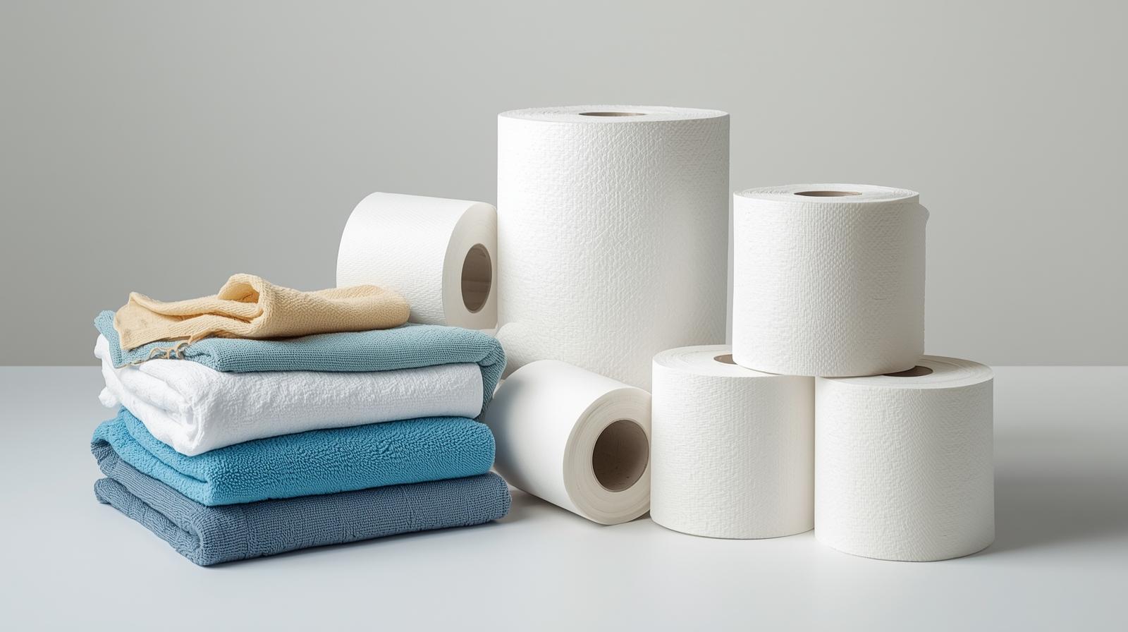 幫我生成一張 _ 居家清掃，有很多抹布、廚房紙巾、衛生紙等東西產生的圖片 (1)