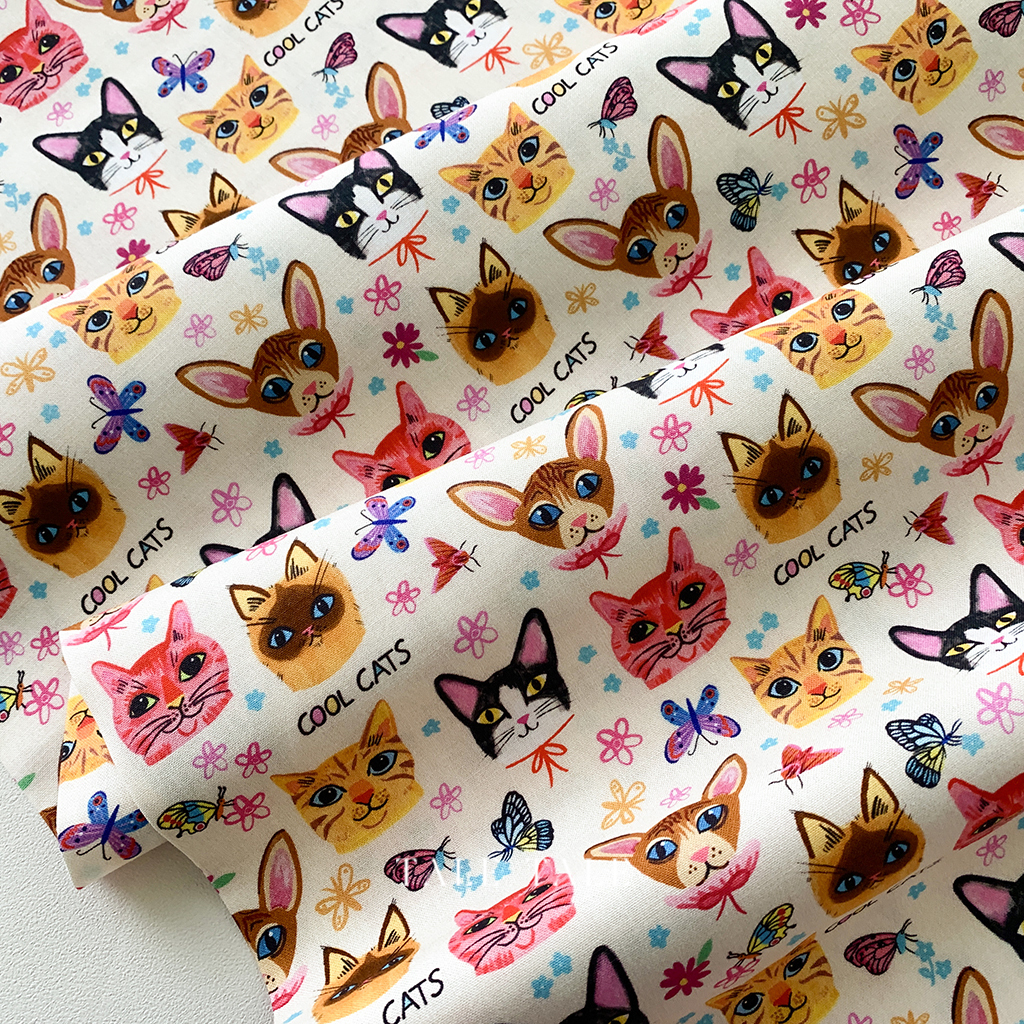 美國品牌棉布-瘋狂貓咪排排站-奶油-DDC10614-CREAM-D-$200半碼-2