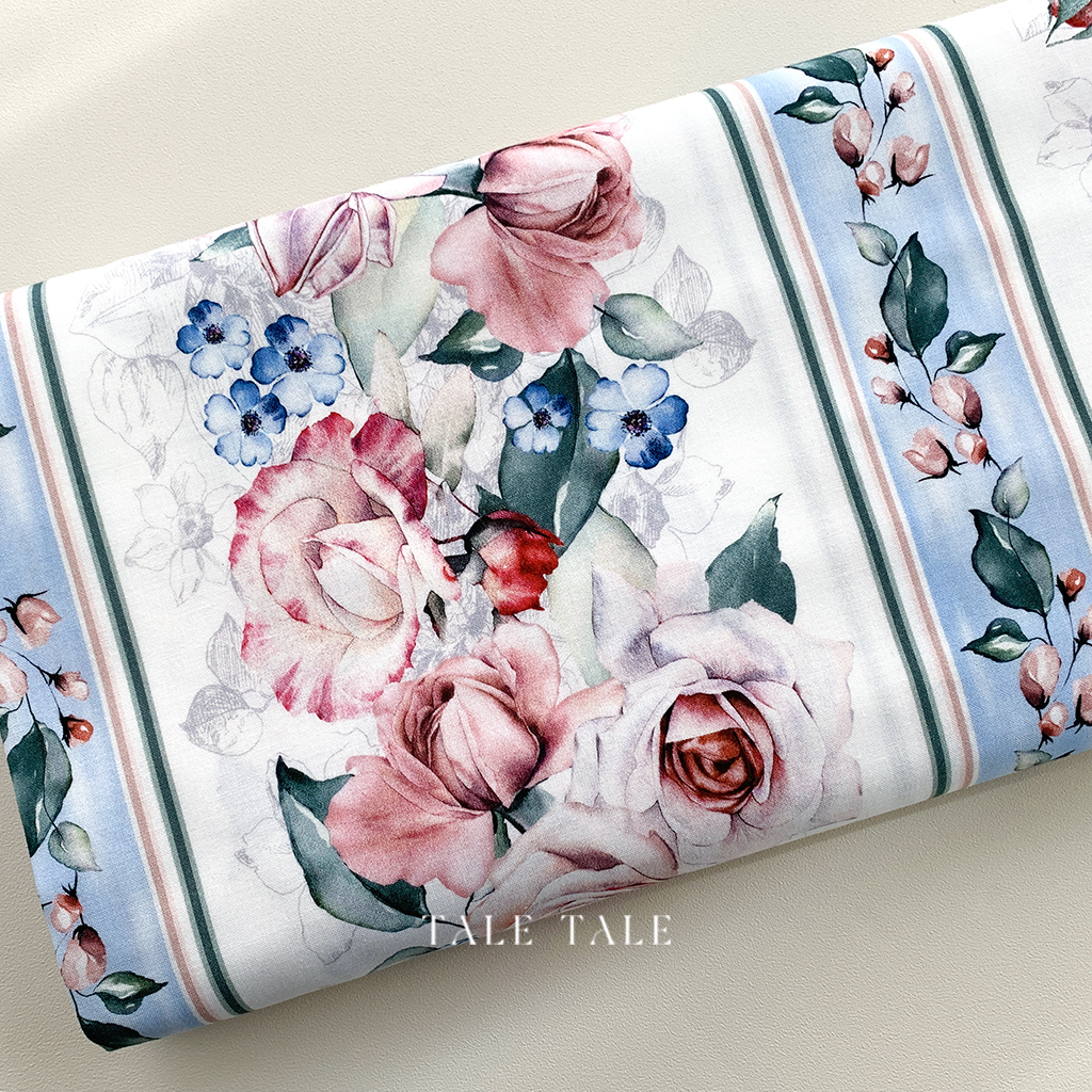 美國品牌棉布-微風的午後玫瑰-白底藍條紋-DCX10065-BWHT-$190半碼-1