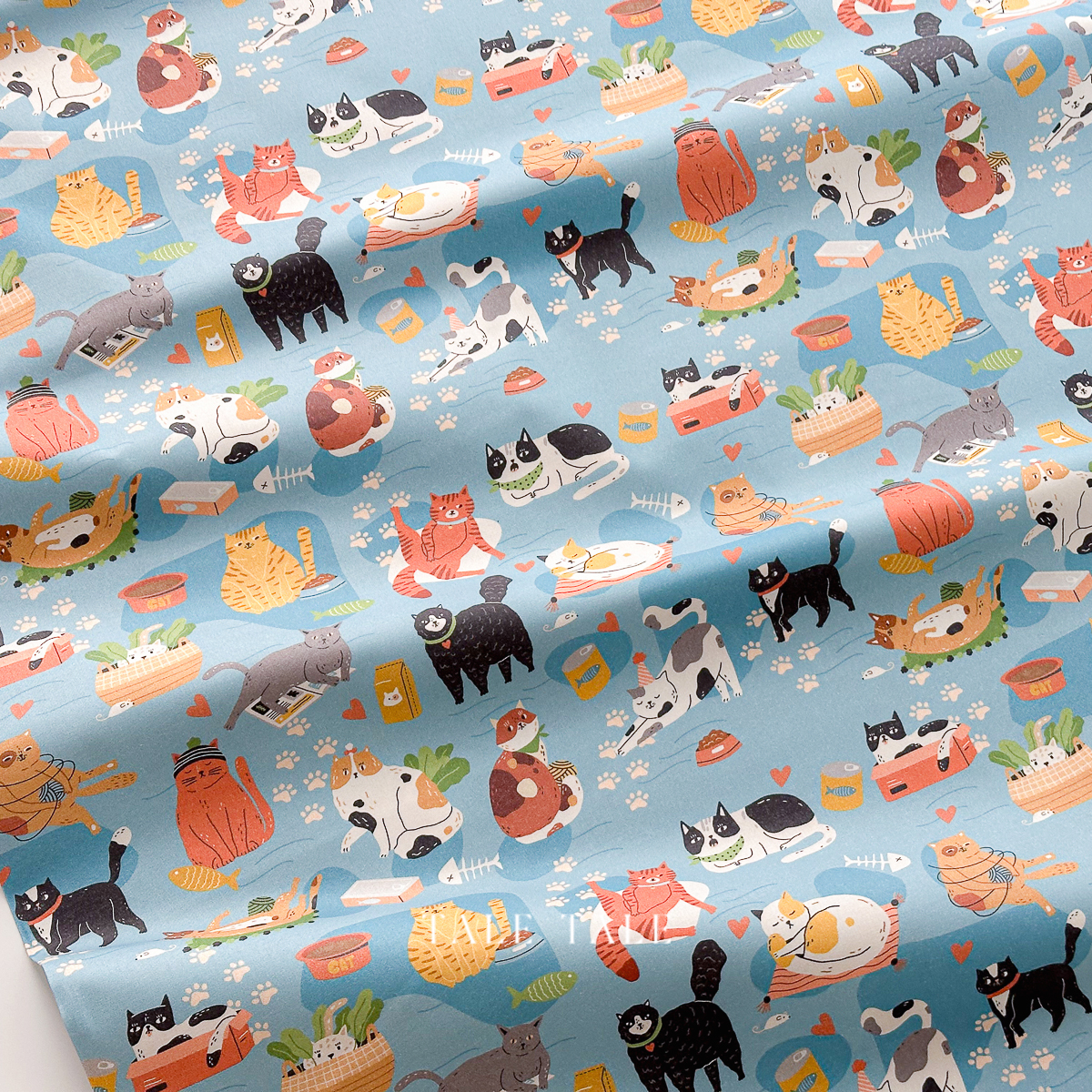 美國品牌棉布-貓貓的愜意時光-水藍-120-24962-$210半碼-1