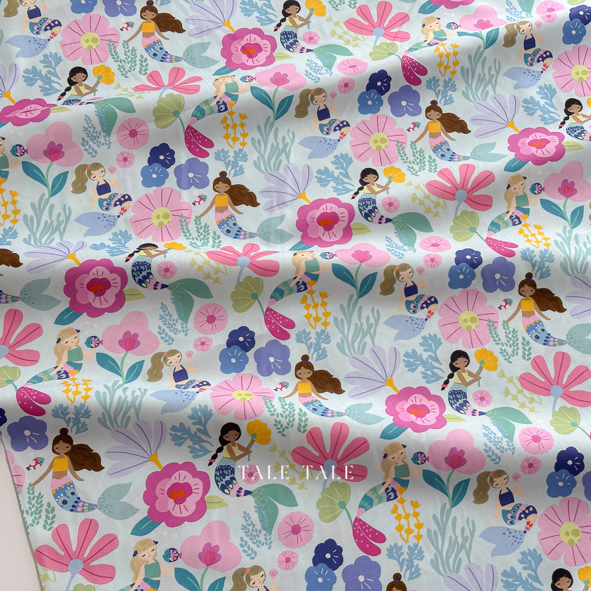 美國品牌棉布-人魚花花世界-水藍-ST-D2938CAPRI-$210半碼-2