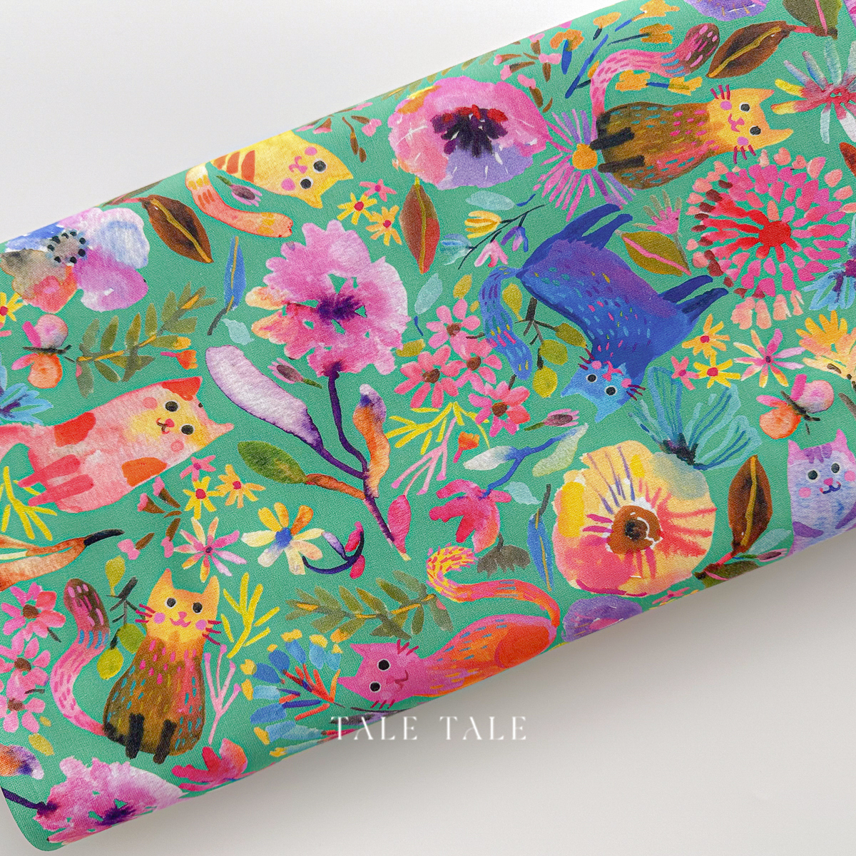 美國品牌棉布-貓咪奇幻世界-綠-ANAD-23284-51-2