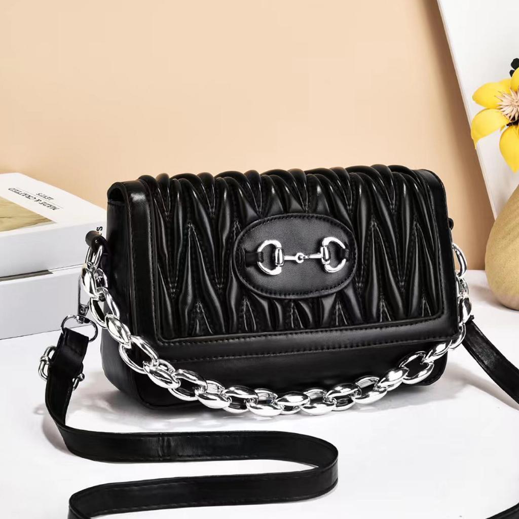 S Ladies Plain Sling Bag with Embroidery Thread Pattern Chain Hand Carry Shoulder Bag CS240