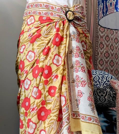 Wrap Block Print Yellow Base Red Floral Prints