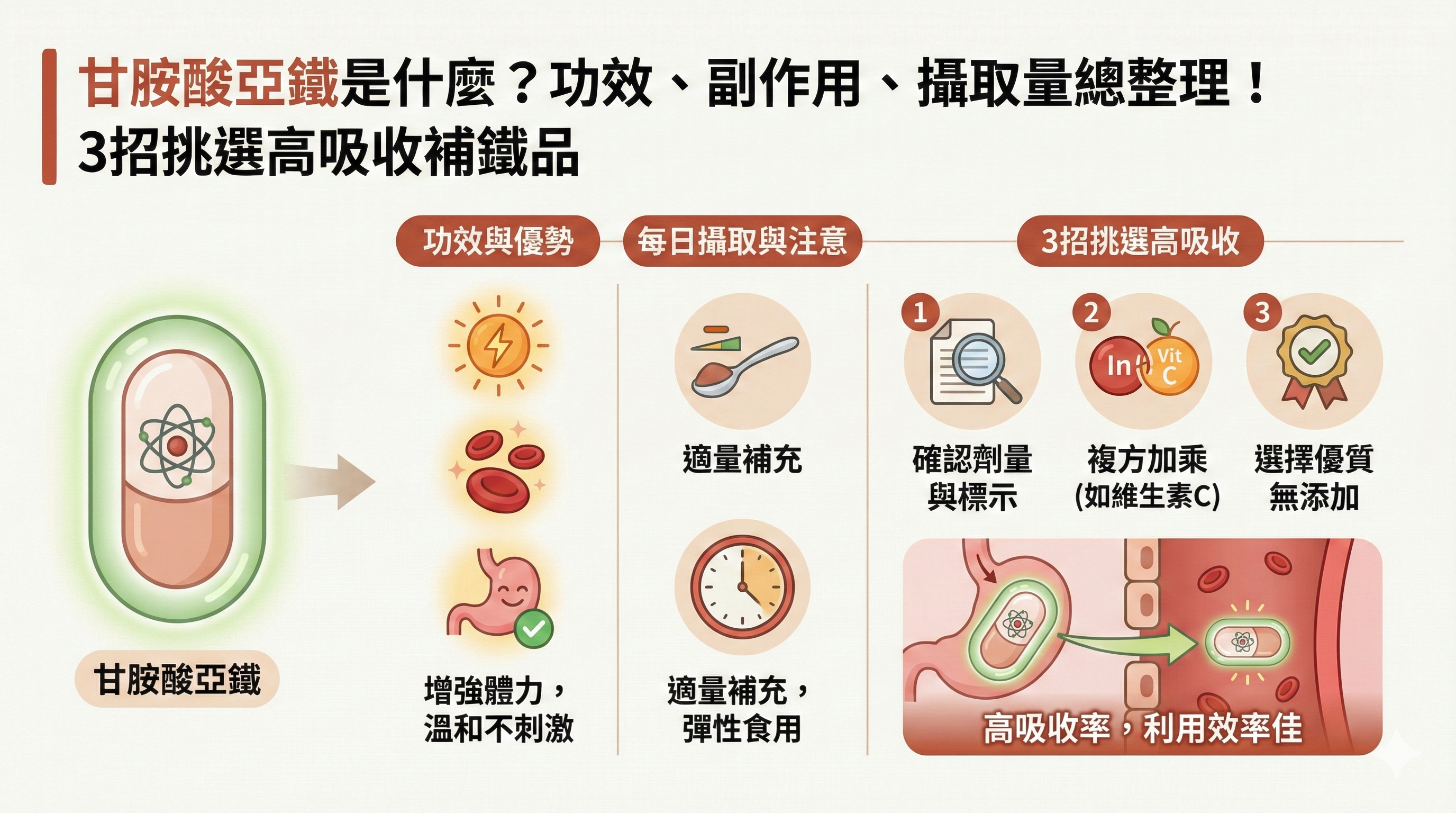 甘胺酸亞鐵是什麼？功效、副作用、攝取量總整理！3招挑選高吸收補鐵品