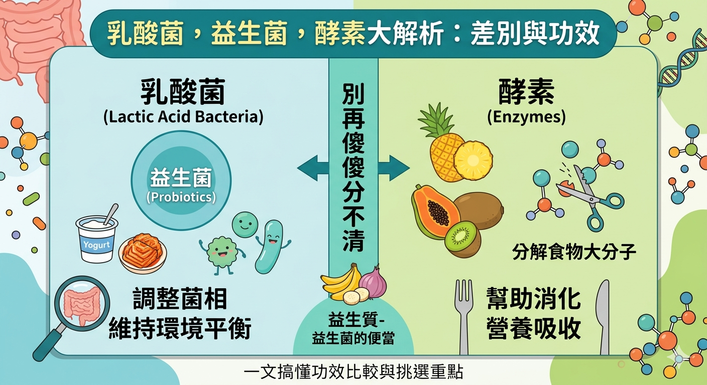 乳酸菌就是益生菌嗎？別再傻傻分不清！乳酸菌、益生菌、酵素差別在哪？一文搞懂功效比較與挑選重點