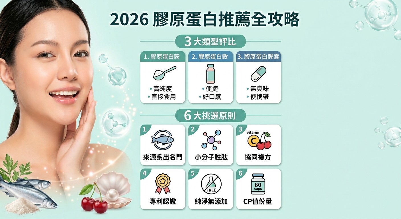 2026膠原蛋白推薦全攻略，膠原蛋白怎麼選？評比3大類型，6大挑選原則，功效、禁忌、類型比較一次看！