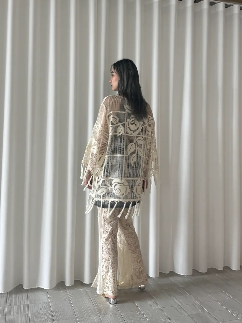 MEDI LOOSE MESH FLOWER KNIT TOPS ameri