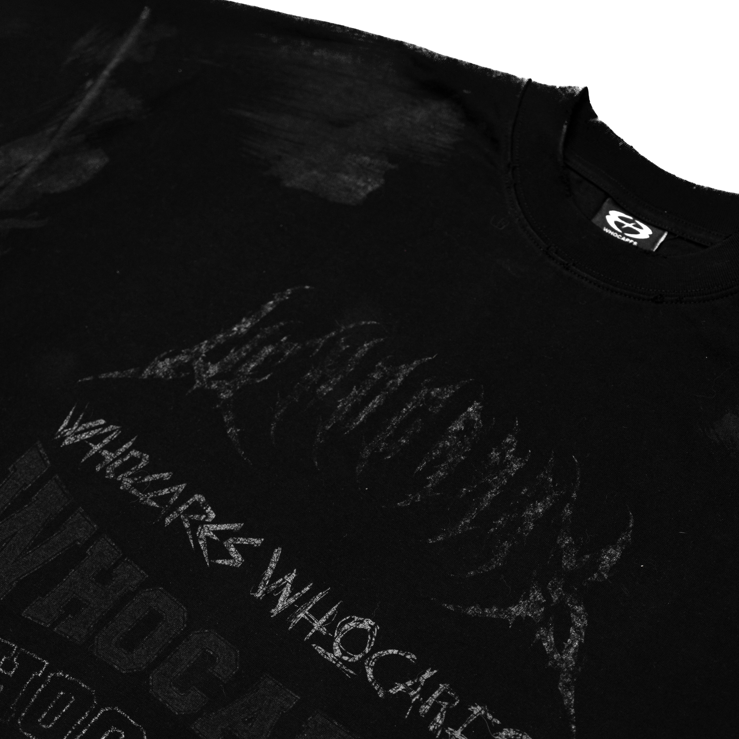 Whocares SS24 Capsule 02 Distressed Multi Logo Black Flat Lay (1)
